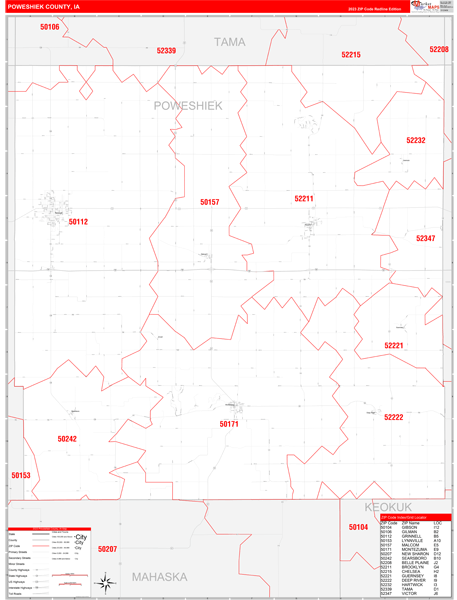 Poweshiek County Wall Map Red Line Style