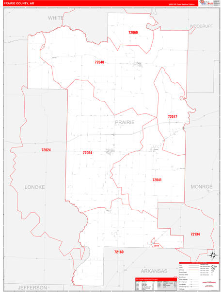 Prairie County, AR Wall Map Red Line Style