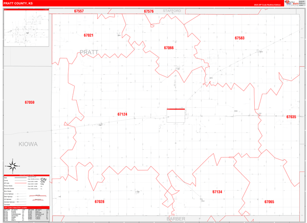 Pratt County, KS Wall Map Red Line Style