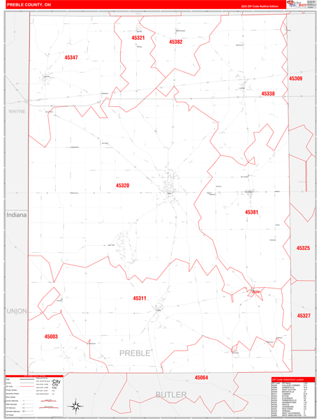 Preble County, OH Wall Map Red Line Style
