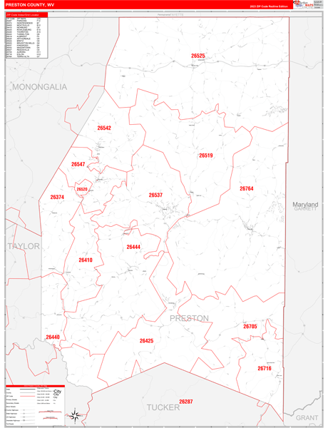 Preston County Digital Map Red Line Style