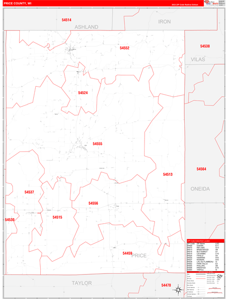 Price County Wall Map Red Line Style
