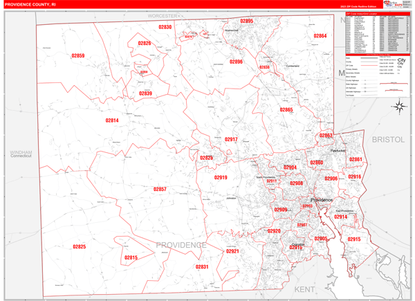 Providence County, RI Zip Code Wall Map Red Line Style by MarketMAPS