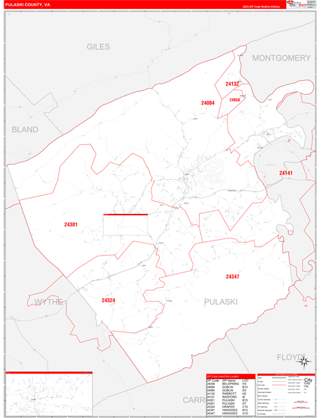 Pulaski County, VA Wall Map Red Line Style