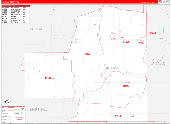 Putnam County, IL Wall Map Red Line Style