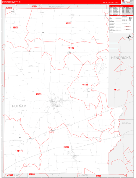 Putnam County, IN Map Red Line Style