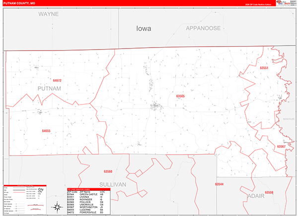Putnam County, MO Map Red Line Style