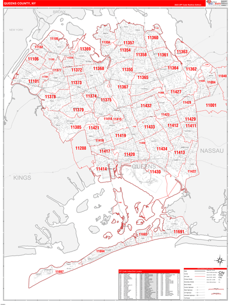 Queens Ny Zip Code Map Queens County, Ny Zip Code Wall Map Red Line Style By Marketmaps - Mapsales