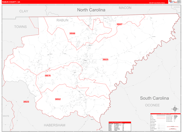 Rabun County Wall Map Red Line Style