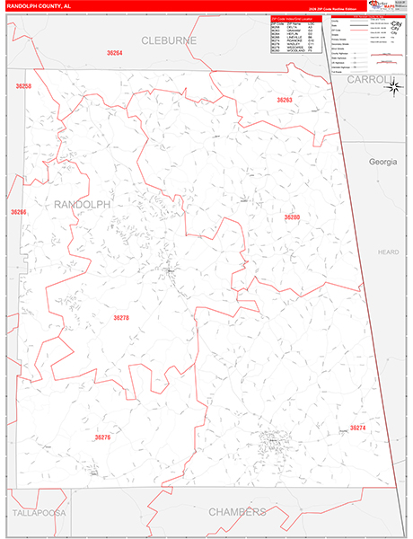 Randolph County, AL Zip Code Wall Map
