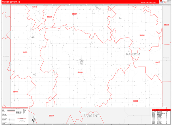 Ransom County, ND Wall Map Red Line Style