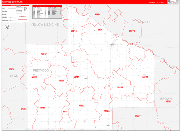 Redwood County Wall Map Red Line Style