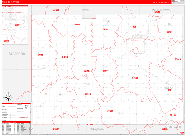 Reno County, KS Zip Code Wall Map