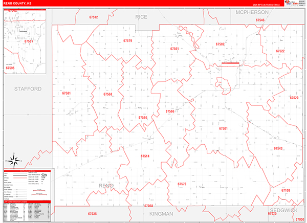 Reno County, KS Zip Code Wall Map