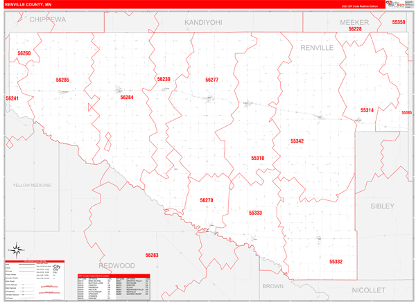 Renville County Wall Map Red Line Style