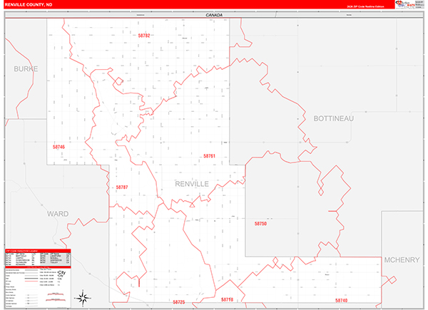 Renville County, ND Wall Map Red Line Style
