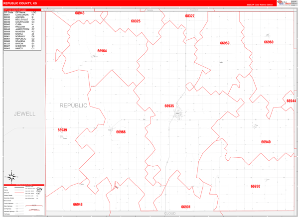 Republic County, KS Zip Code Wall Map Red Line Style by MarketMAPS