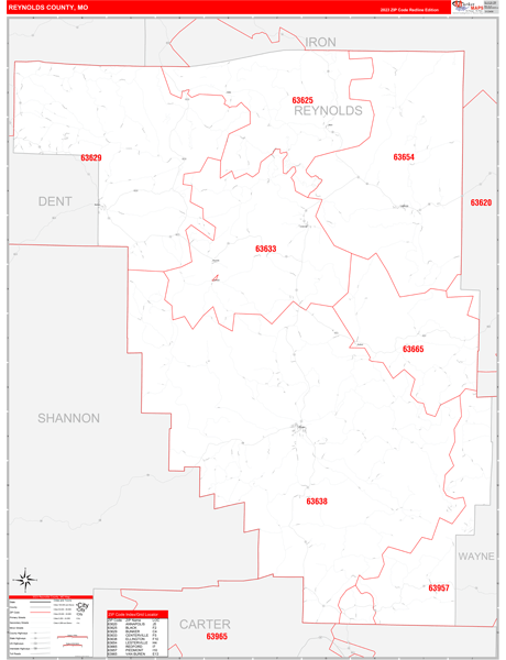 Reynolds County, MO Wall Map Red Line Style