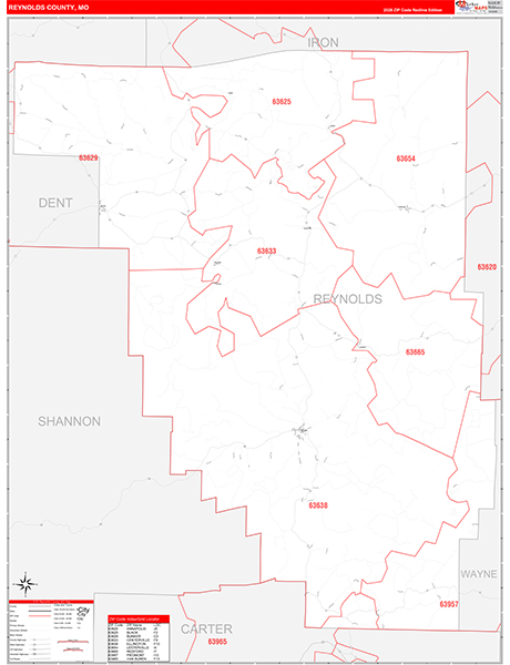 Reynolds County, MO Map Red Line Style