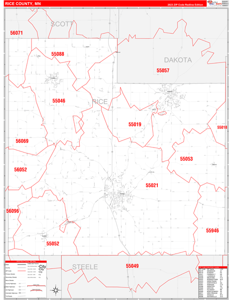 Rice County Digital Map Red Line Style