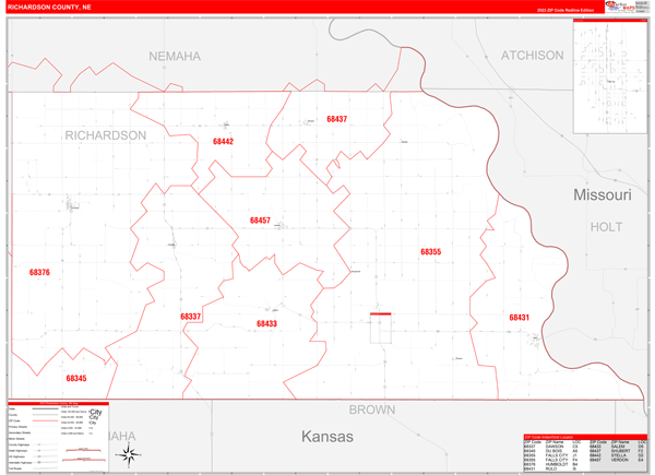 Richardson County, NE Wall Map Red Line Style