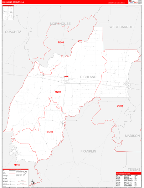 Richland Parish (County), LA Zip Code Wall Map