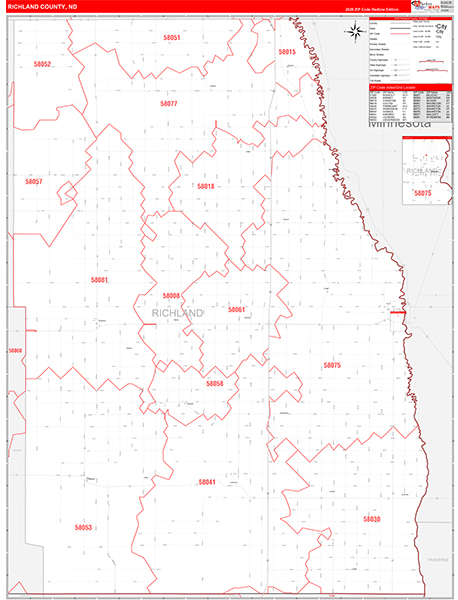 Richland County, ND Wall Map Red Line Style