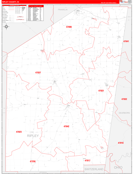 Ripley County, IN Map Red Line Style