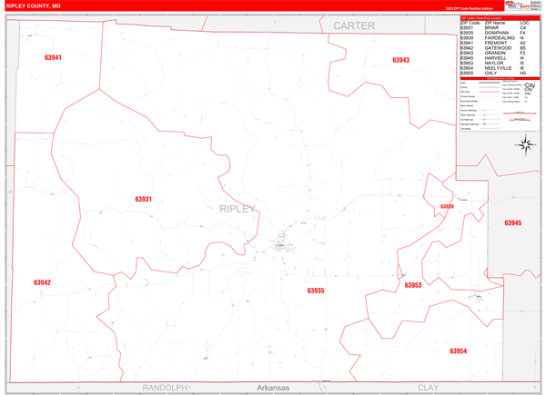 Ripley County, MO Wall Map Red Line Style