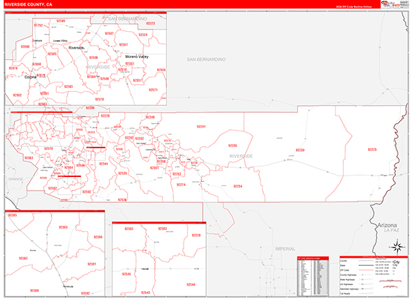 Riverside County, CA Map Red Line Style