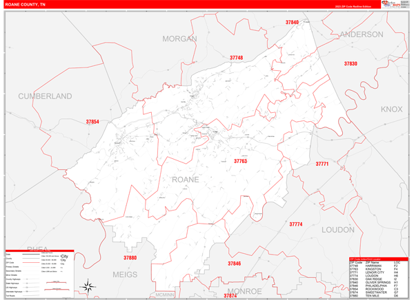 Roane County, TN Zip Code Maps - Red Line