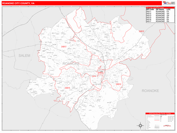 Roanoke City County, VA Zip Code Wall Map Red Line Style by MarketMAPS ...