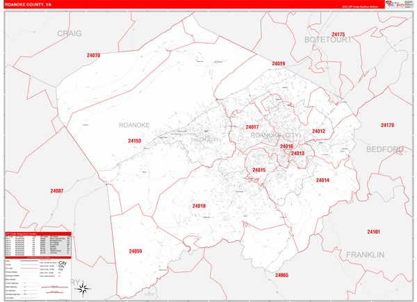 Roanoke County Digital Map Red Line Style