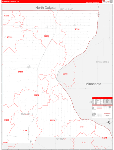 Roberts County, SD Wall Map Red Line Style