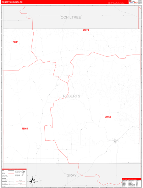 Roberts County, TX Wall Map Red Line Style