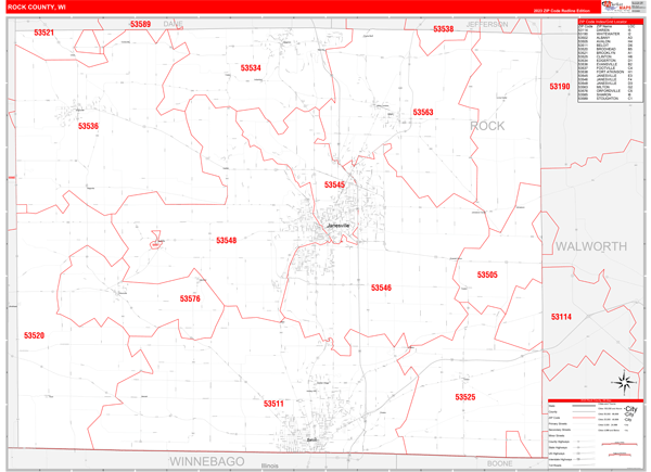 Rock County, WI Zip Code Wall Map