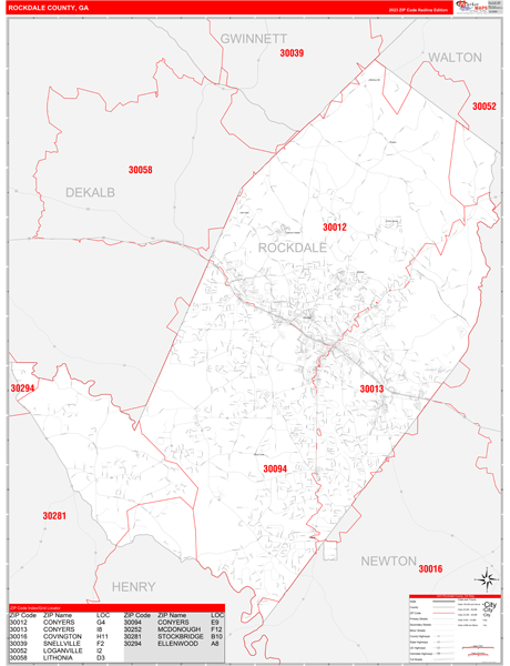 Rockdale County, GA Wall Map Red Line Style