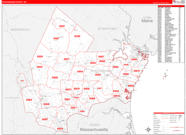 Nh Zip Code Map Rockingham County, NH Zip Code Wall Map Red Line Style by MarketMAPS