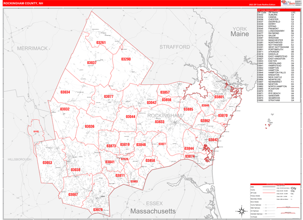 Rockingham County, NH Wall Map Red Line Style