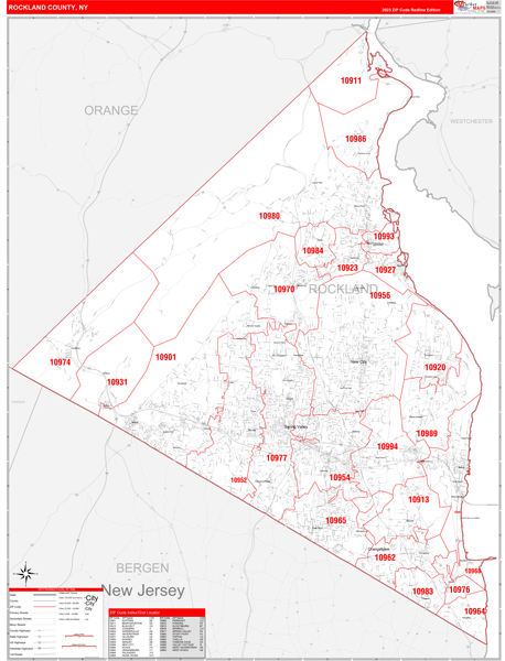 Rockland County, NY Wall Map Red Line Style