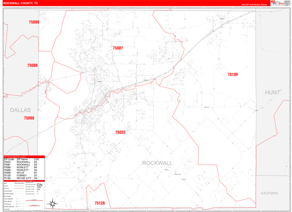 Rockwall County Digital Map Red Line Style