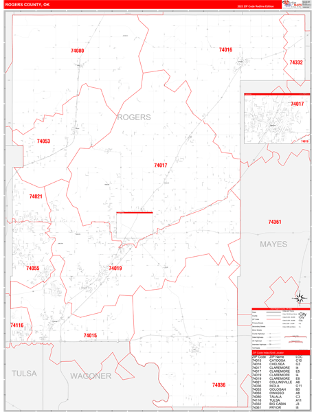 Rogers County, OK Wall Map Red Line Style