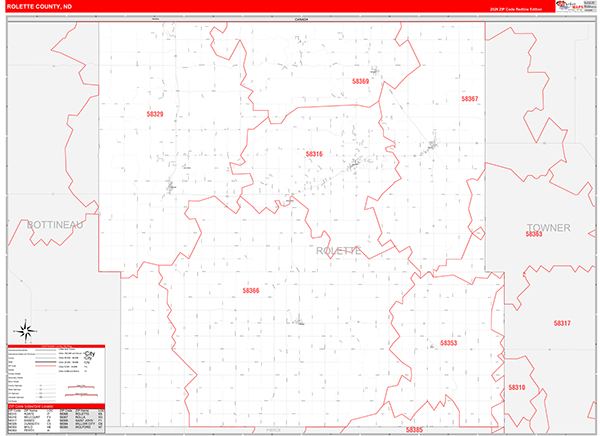 Rolette County, ND Wall Map Red Line Style