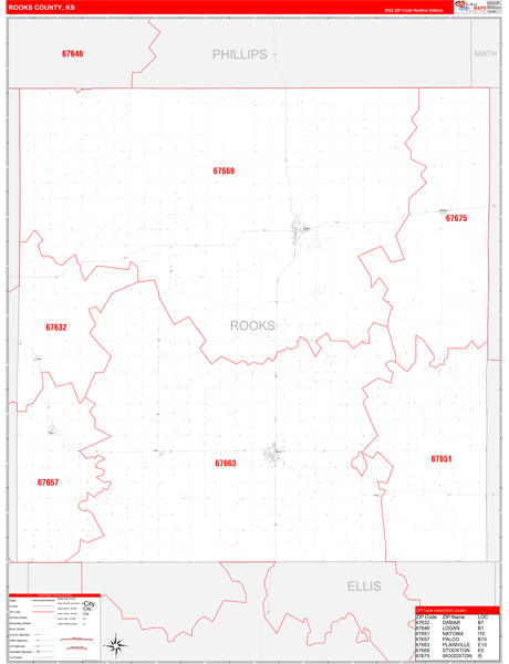 Rooks County, KS Wall Map Red Line Style