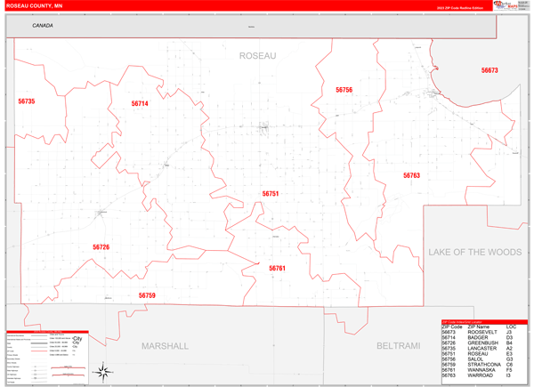 Roseau County Wall Map Red Line Style