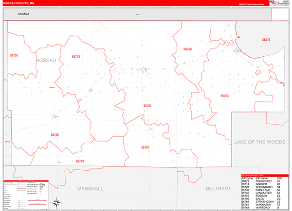 Roseau County, MN Zip Code Map
