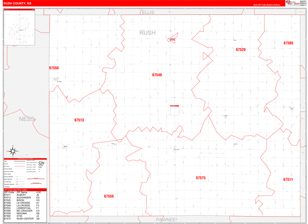 Rush County, KS Wall Map Red Line Style
