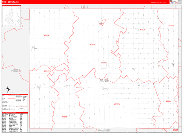Rush County, KS Zip Code Wall Map
