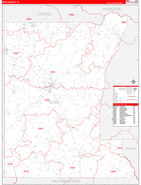 Rusk County, TX Zip Code Map