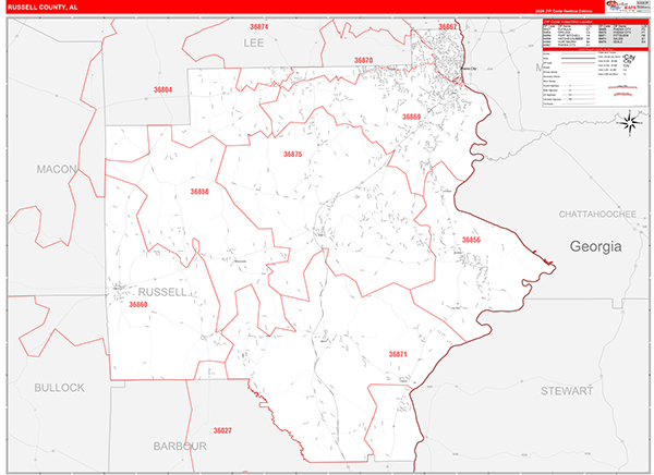 Russell County, AL Zip Code Wall Map
